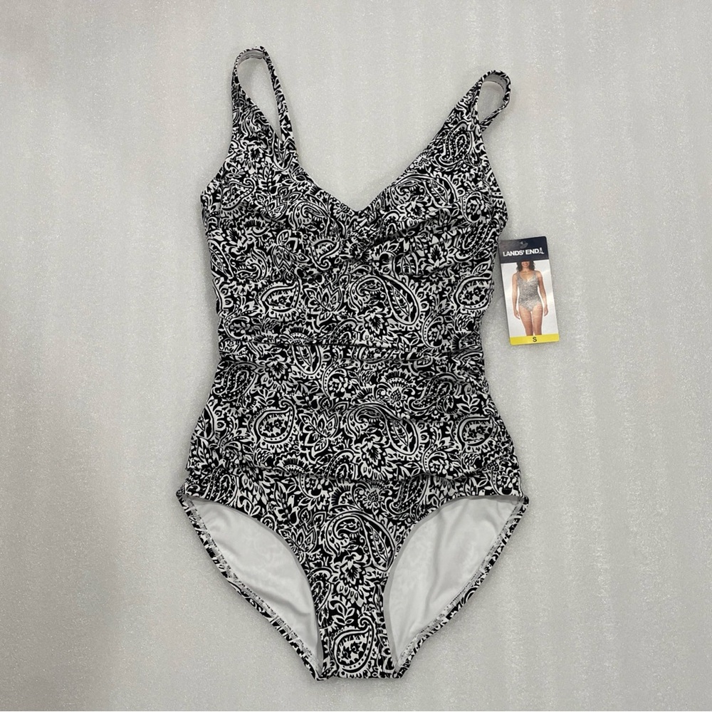 Land’s End Black & White Paisley One Piece Women’s Swimsuit Removable Cups Small